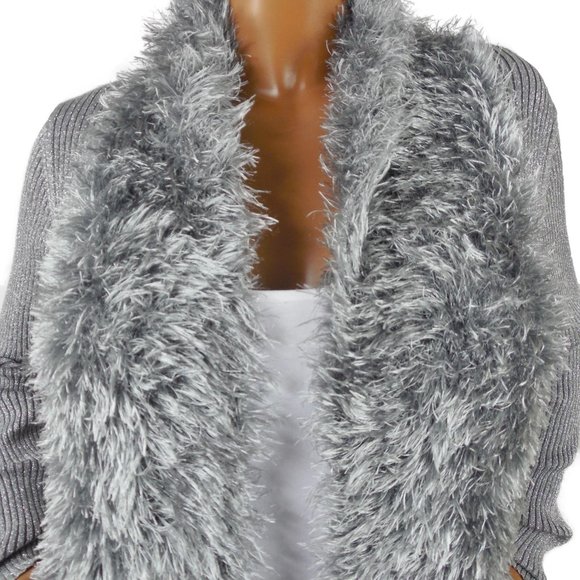 LAUREN MICHELE Top L Cardigan Sweater Silver Gray Metallic Faux Fur Stretch Knit - Picture 5 of 11